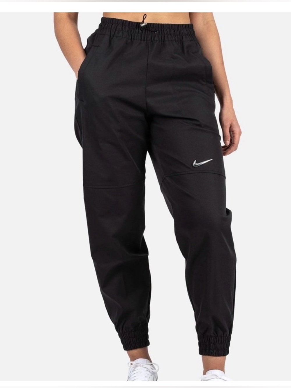 Nike NSW Swoosh Woven Pants Snug Comfort Joggers Black  Bungee waist tie Medium